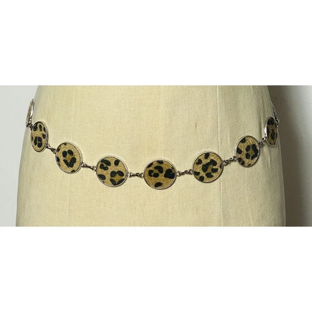 Vintage Faux Fur Leopard Silver Belt 41” Long